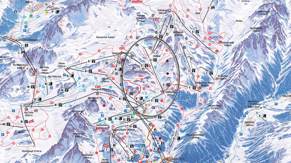 Locatie Nieuwe Sassgalunbahn C3 in Silvretta Arena.